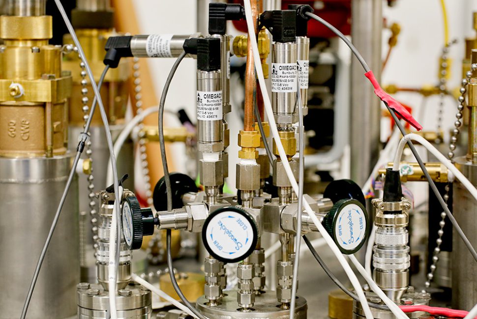 A close-up view of valves for the cryoviscous compressor pump prototype.