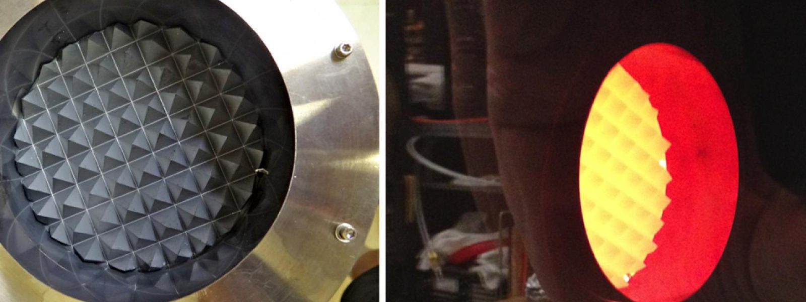 A silicon carbide disc machined with a pyramid pattern (left) is heated to well over 800° C (right) as part of electron cyclotron emission calibration testing at the University of Texas at Austin.